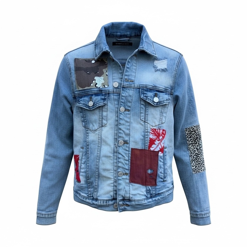 Embellish NYC Patchwork Denim Jacket Light Wash Distressed Camo Leopard Womens‎